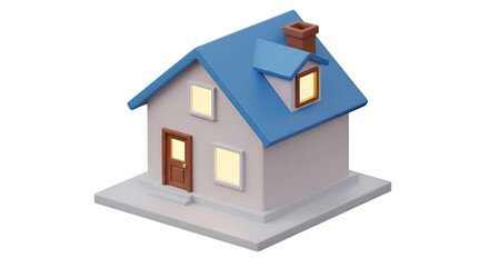 Cartoon 3D House with Blue Roof and Chimney home building