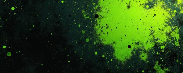 Abstract background of black and green paint splatters. Grungy texture with dots and stains. Vibrant splash effect for digital art projects. Cyberpunk or tech theme.
