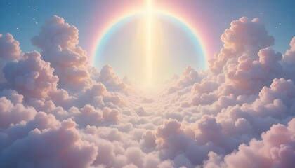 angelic pastel world, luminous clouds, soft rainbow haze, floating mountains, calm divine