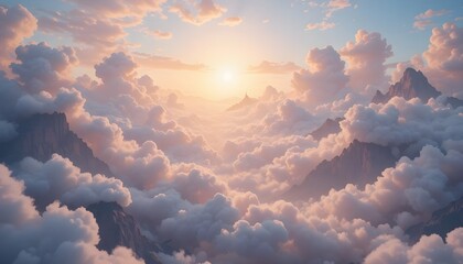 angelic pastel world, luminous clouds, soft rainbow haze, floating mountains, calm divine