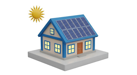 Cartoon House with Solar Panels and Sun home building