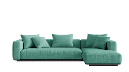 Front view of a sofa with pillows on a transparent background.