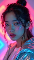 Young Asian woman with glitter makeup poses in neon light. Beautiful Korean girl with trendy hairstyle in shiny silver jacket. Female model looking at camera with creative face art, pink blue