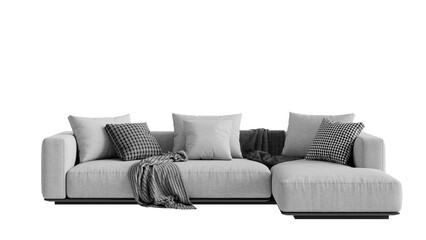 White couch with pillows on a transparent background.