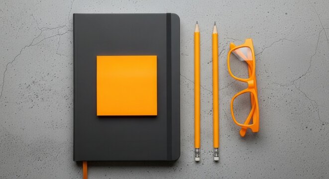 Black notebook with orange sticky notes pencils and glasses isolated on white background - Powered by Adobe