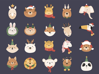 Naklejka premium Set of Cute Christmas Animal Face. Adorable Winter Holiday Clip Art