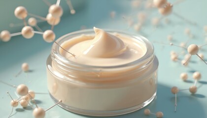 Jar of cosmetic cream with molecular structure elements. Skincare product with provitamin B5 for skin hydration and beauty. Scientifically formulated moisturizer for healthy complexion.