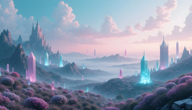 pastel kingdom landscape with floating crystals, soft teal and pink glow, magical - Powered by Adobe