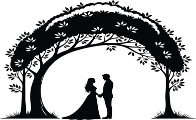 Black silhouette vector of wedding couple standing under tree archway, romantic love background for marriage invitation card design and engagement art
