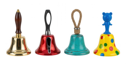 Four hand bells isolated on transparent background are displayed