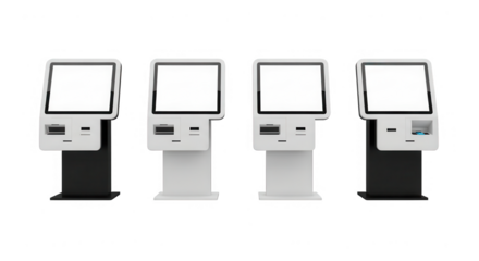 Four selfservice kiosks isolated on transparent background, in a row