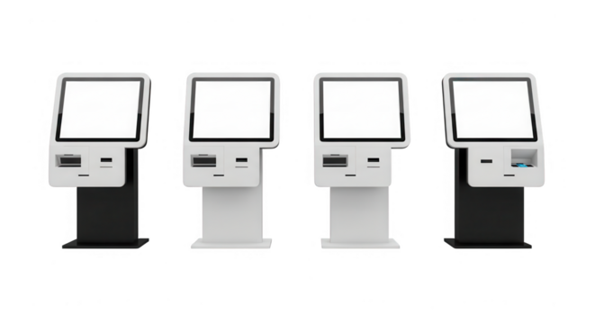 Four selfservice kiosks isolated on transparent background, in a row