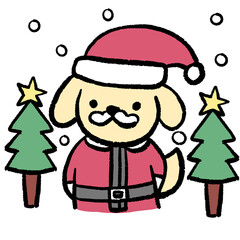 A festive dog dressed as Santa Claus standing between two small Christmas trees. The illustration conveys warmth, kindness, and holiday cheer, suitable for greeting cards and marketing banners.