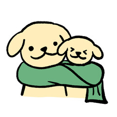 A heartwarming illustration of two dogs hugging each other while sharing a green scarf. It radiates warmth, affection, and winter coziness.