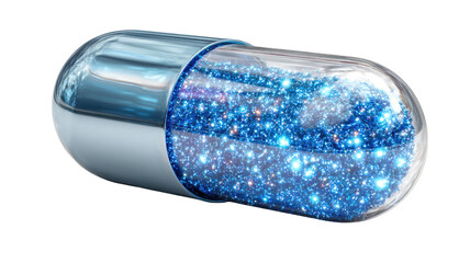 Futuristic blue pill with glowing particles inside showcasing advanced medicine concept and digital technology isolated on white background