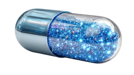  Futuristic blue pill with glowing particles inside showcasing advanced medicine concept and digital technology isolated on white background