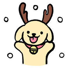 A cheerful cartoon dog wearing reindeer antlers with falling snow elements around it. The festive and playful illustration captures the joyful spirit of Christmas and winter celebrations.