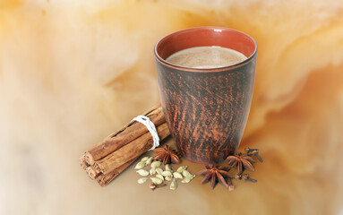 Delicious coffee drink in clay cup and spices, poster. Banner design