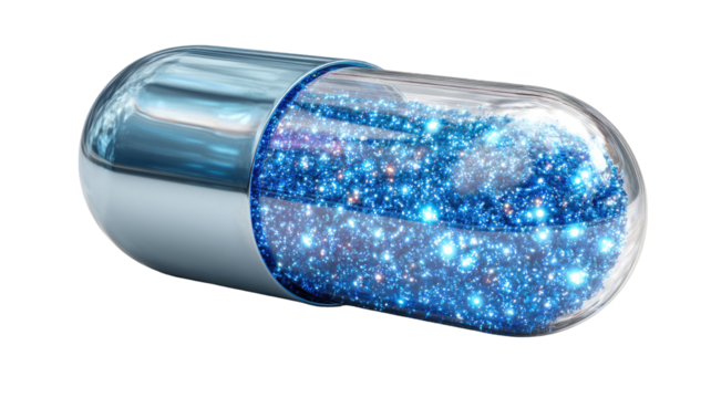  Futuristic blue pill with glowing particles inside showcasing advanced medicine concept and digital technology isolated on white background