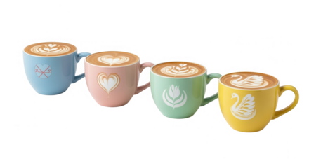 Four colorful cups of coffee isolated on transparent background