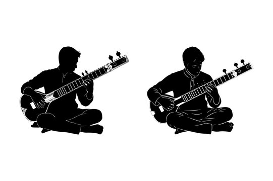 Silhouetted musicians playing sitar instruments in traditional indian style