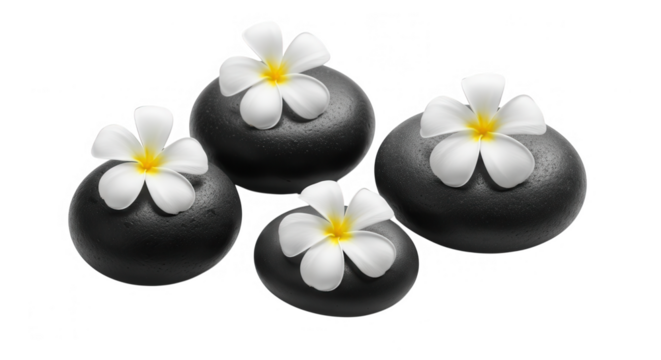 Four black spa stones with white flowers isolated on transparent background - Powered by Adobe
