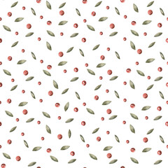 Seamless pattern with berries and leaves. Watercolor illustration for interior design, printing on clothing and fabric, cafe and restaurant decor, and packaging design.