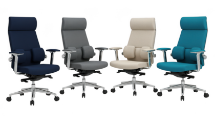 Four office chairs with adjustable headrests isolated on transparent background