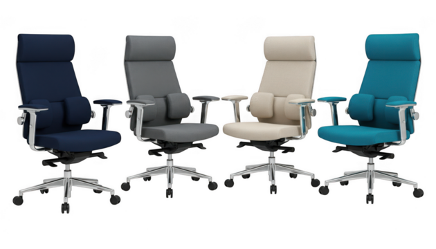 Four office chairs with adjustable headrests isolated on transparent background