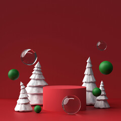 Obraz premium Christmas product display mockup. Red cylindrical podium with abstract white snow-covered trees and floating green and clear glass ornaments against a deep red background. Perfect for holiday sales