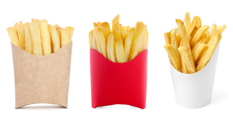 Tasty French fries in paper takeout containers isolated on white, set