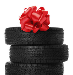 Car tires with red ribbon bow isolated on white. Special offer or discount © New Africa