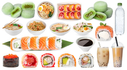 Asian food and drink isolated on white, collection