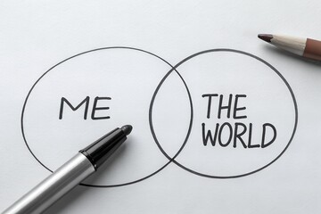 Sketch of two interlocking circles labeled me and the world