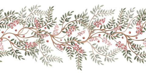 Seamless border with branches with leaves and berries. Isolated watercolor illustration for interior design, textiles, clothing printing, and packaging.