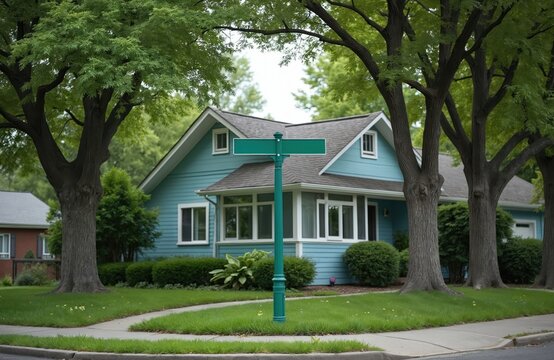 Blank street sign stands on suburban corner. Residential house with tidy lawn, large trees in background. Empty road sign for mockup of address direction. Intersection represents crossroads choice