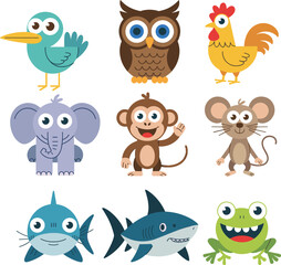 Cute cartoon animal collection featuring monkey elephant owl shark and frog vector illustration set isolated on white background for kids.