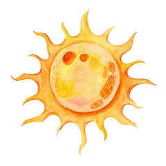 A stylized children's illustration of the sun, drawn in watercolor and pencil. Isolated illustration for children's textile design, printed materials, and holiday products.
