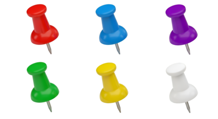 Collection of six colorful push pins on a transparent background