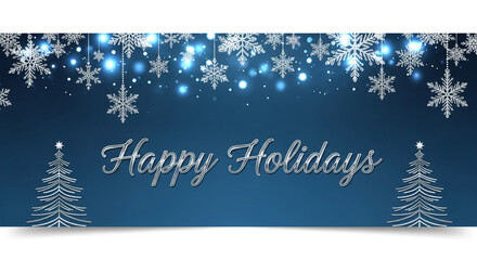 Festive image with silver snowflake and tree decoration on blue gradient. Celebratory concept perfect for winter seasonal greeting or event promotion