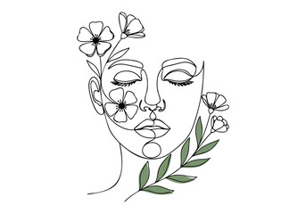 Elegant continuous line art drawing illustrating a peaceful woman's face adorned with beautiful botanical and floral elements