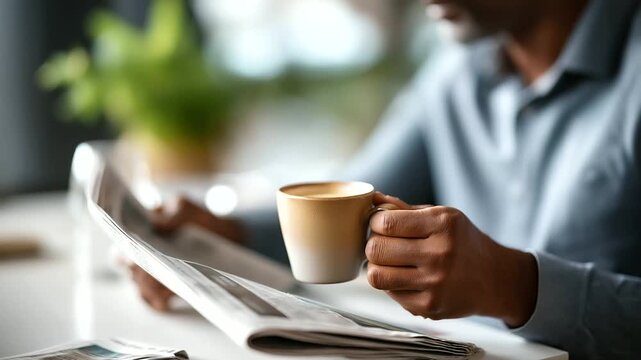 Hands holding newspaper with coffee cup face not shown morning routine news reading print media breakfast ritual information consumption daily news paper journalism table