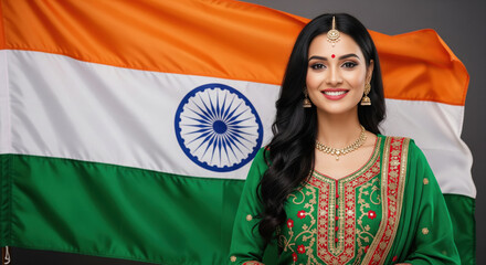 A smiling young Indian woman in a green traditional outfit stands gracefully in front of the Indian flag, radiating pride and elegance.