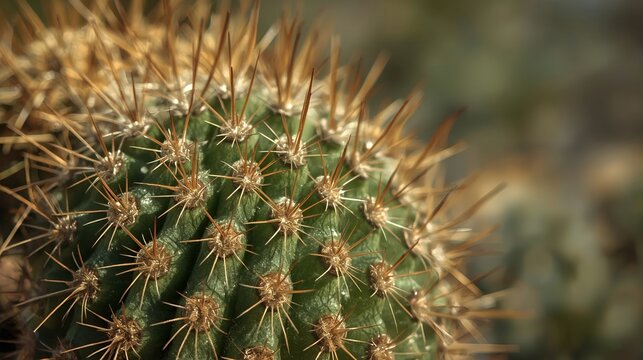 Close-up view of a tall cactus with visible texture and spines, isolated against a warm desert environment.