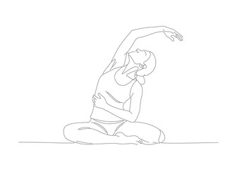 Minimalist continuous line art drawing of a woman practicing a side stretch yoga pose, promoting wellness and an active lifestyle