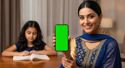 A smiling Indian woman shows a smartphone with a green screen while a little girl reads a book beside her at a table.