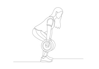 Elegant continuous line art drawing of a woman performing a deadlift, symbolizing strength and fitness