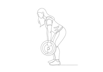 Energetic continuous line art drawing depicting a woman weightlifting, focused on strength training