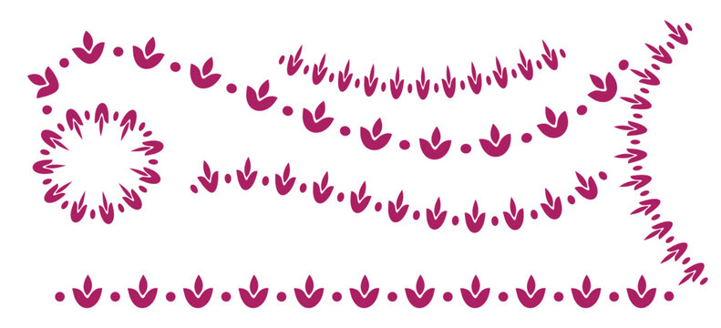 Collection of decorative magenta Mexican  borders and design elements featuring stylized leaf and dot patterns in various arrangements.