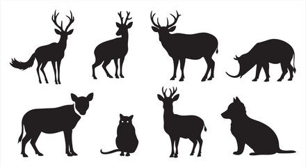 Fototapeta premium Striking Black Silhouettes of Wild Forest Animals and Domestic Pets Collection - Deer, Fox, Cat, and More on White Background for Graphic Design Resources